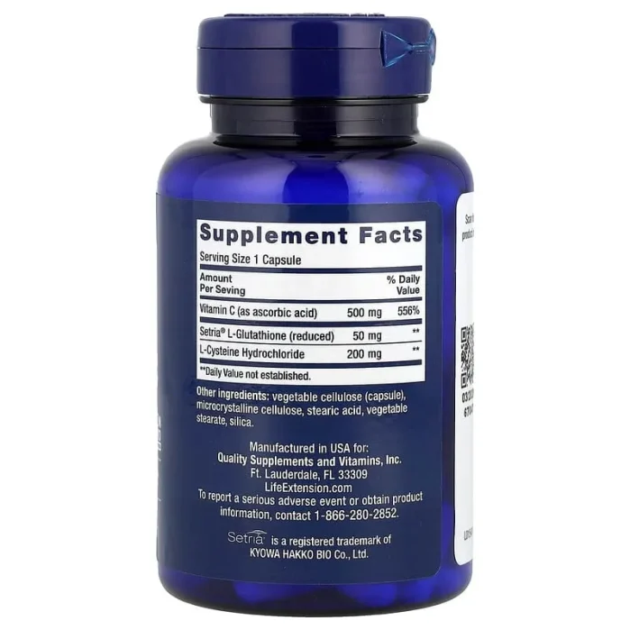 لايف إكستانشن كبسولات جلوتاثيون وسيستين وفيتامين سي 100 كبسولة Life Extension Glutathione Cysteine & C