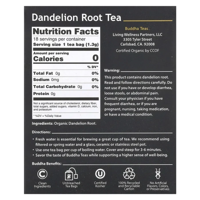 بودا تيز‏ شاي أعشاب عضوي جذور الهندباء خال من الكافيين 18 كيس Buddha Teas Organic Herbal Tea Dandelion Root